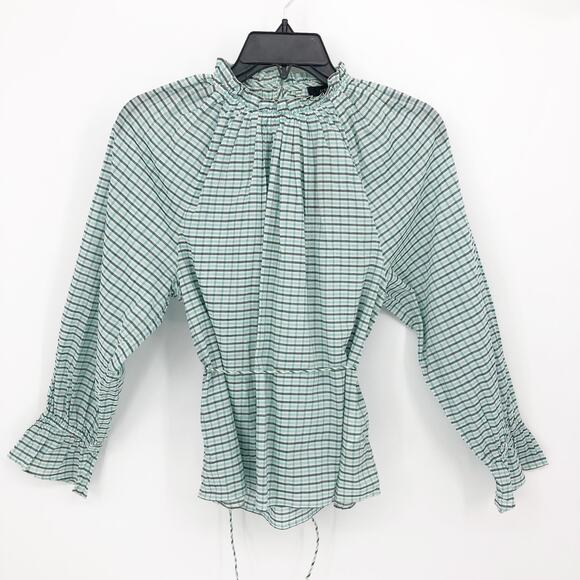 J.Crew Womens Plaid Ruffle Blouse Top XS Blue Long Sleeve Tie Waist BB277 NWT - Picture 3 of 11